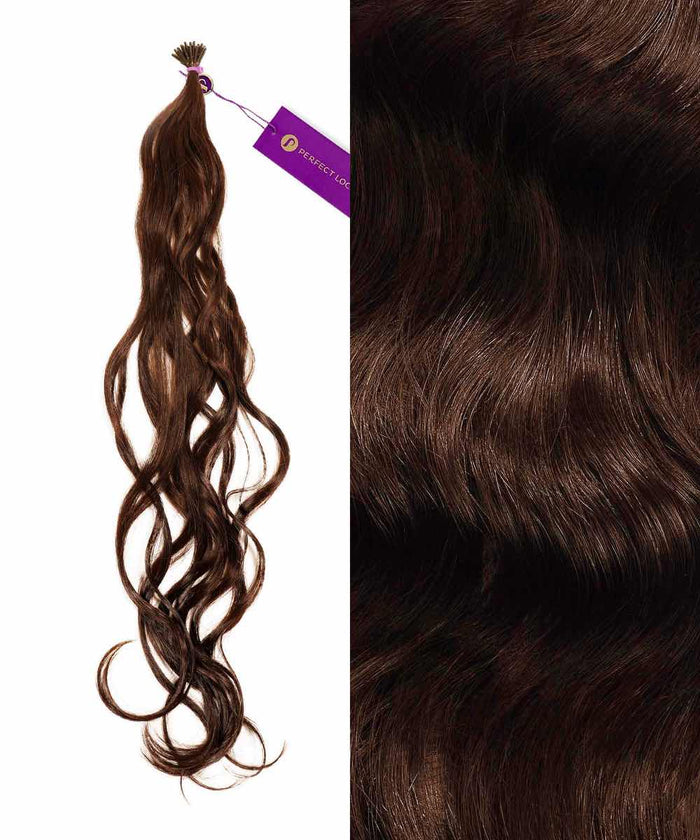 A bundle of Perfect Locks Wavy Fusion I-Tip Hair in Natural Black  with a purple tag on the left; close-up texture on right.#color_chocolate-brown-(3)