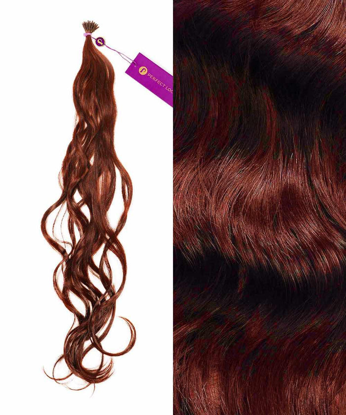 A bundle of Perfect Locks Wavy Fusion I-Tip Hair in Chocolate Brown  with tag, beside a close-up of shiny, wavy strands.#color_dark-auburn-(33)