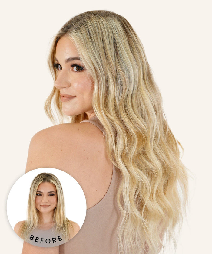 A woman with long, wavy black hair from Perfect Locks Hand-Tied Wefts looks over her shoulder; inset shows her prior short blonde hair.
