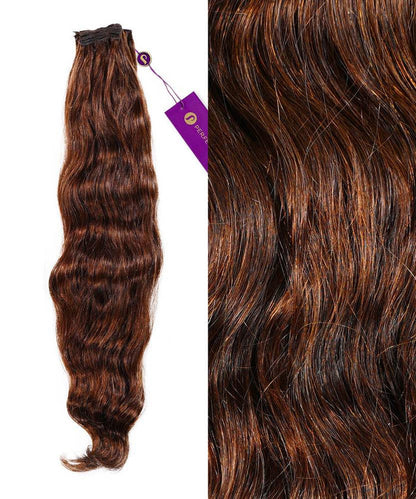 Perfect Locks Wavy Hand-Tied Weft Rows (2oz) in Golden Brown : full bundle on left, close-up of wavy texture on right.#color_chocolate-brown-(3)