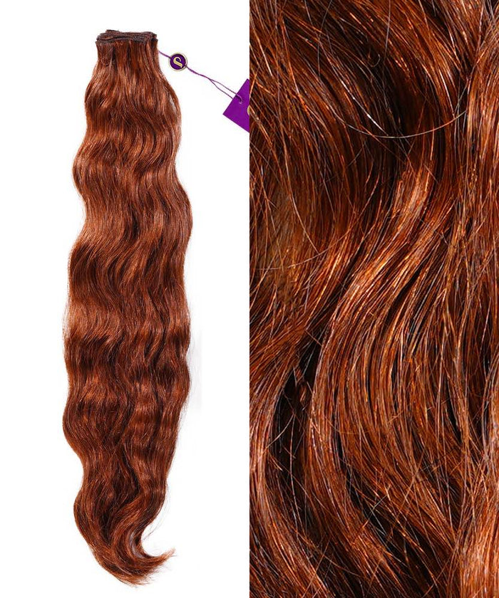 On the left, Perfect Locks Wavy Hand-Tied Weft Rows (2oz) in Honey Blonde ; right shows a close-up of their shiny waves.#color_dark-auburn-(33)