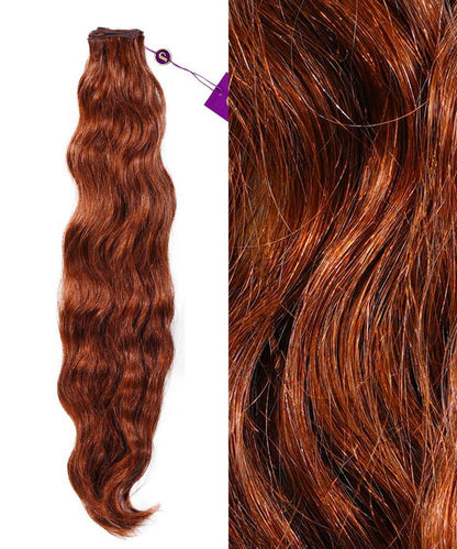 On the left, Perfect Locks Wavy Hand-Tied Weft Rows (2oz) in Honey Blonde ; right shows a close-up of their shiny waves.#color_dark-auburn-(33)