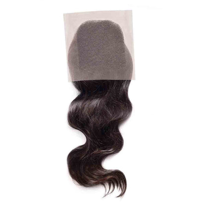 A wavy, dark brown human hair lace closure with a transparent lace base and loose, natural waves for a seamless, realistic look.