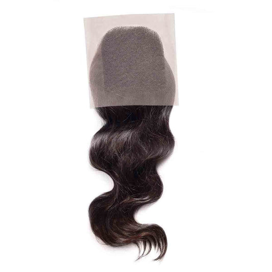 A wavy, dark brown human hair lace closure with a transparent lace base and loose, natural waves for a seamless, realistic look.