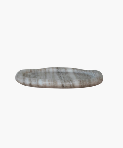 Oval marble tray with gray and white striations, featuring a smooth, polished surface. The elegant design conveys a sense of luxury and simplicity. | SW Home