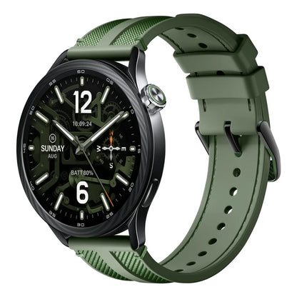 Xiaomi Watch S5 46mm smartwatch in groen met geweven band en draaibare kroon, schuin aanzicht