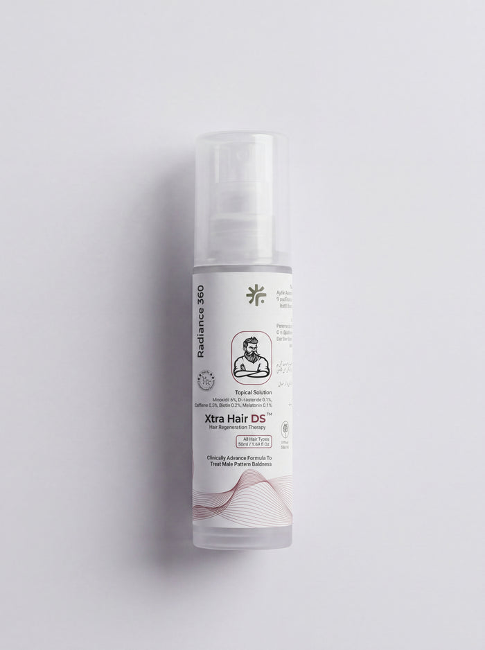 Skincare bottle labeled 'Xtra Hair DS' on a light gray background