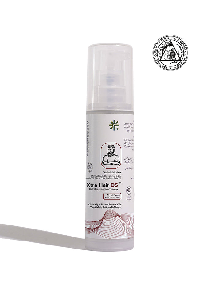 Hair care product bottle labeled 'Xtra Hair DS' on a white background with a logo.
