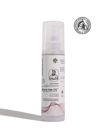 Hair care product bottle labeled 'Xtra Hair DS' on a white background with a logo.