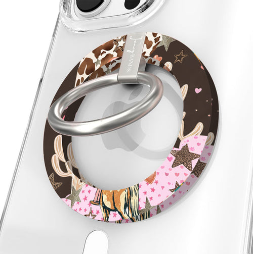 Yee Haw Honey retro Western MagSafe phone grip ring with a cowgirl on a horse, pink cowboy hat, desert cacti, glittery stars, and animal print on a brown and pink background compatible with iPhone and Samsung